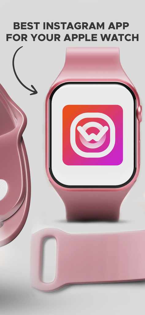 Watchy: use with Instagram - Watchy app icon displayed on a pink Apple Watch screen with promotional text