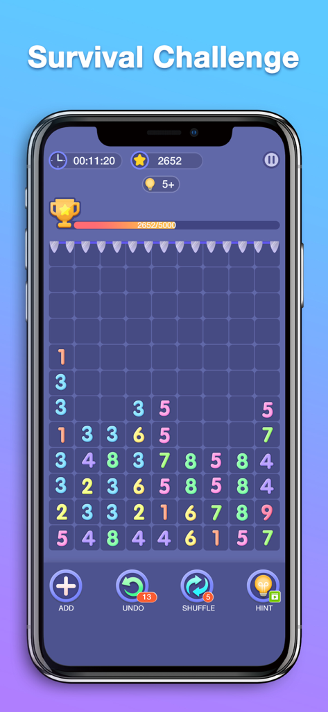 Match Ten - Number Puzzle - A smartphone displaying the survival challenge gameplay mode for Match Ten Number Puzzle with a colorful number grid and boosters