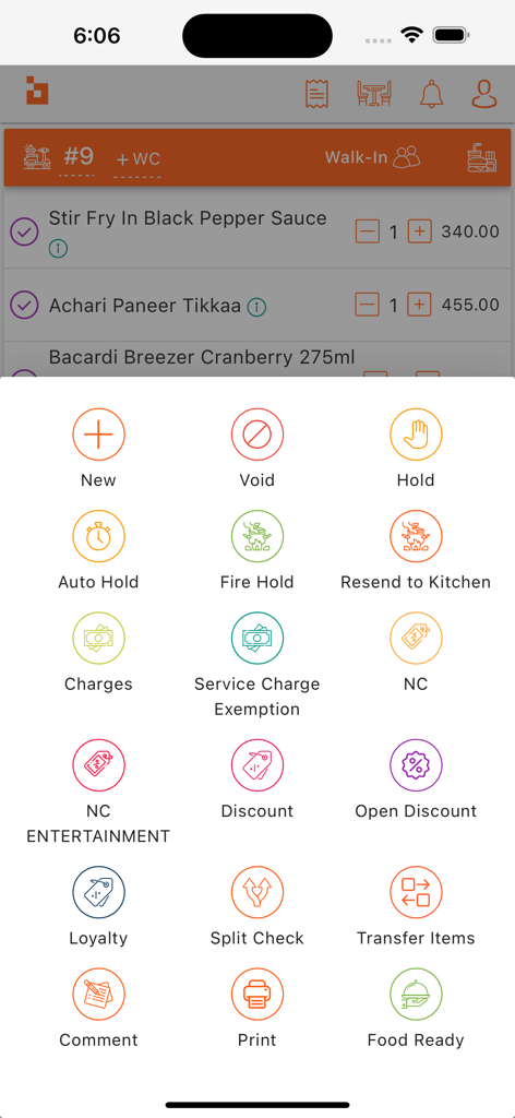Digitory DigiPoS - Aktionsmenü in der Digitory DigiPoS App mit Optionen wie Stornieren, Zurückstellen, Rechnung teilen und Rabatt für die Restaurantbestellverwaltung.