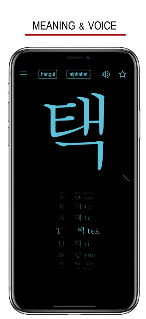Learn Korean Handwriting ! - Interface of Learn Korean Handwriting app showing a large Hangul character and a scrolling alphabet selection wheel