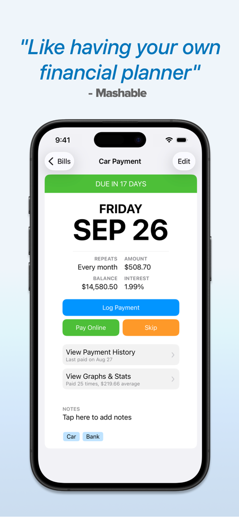 Mobile screen showing car payment details with due date and payment history in the Chronicle app