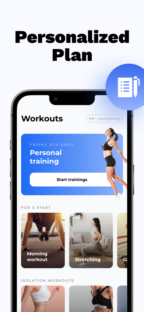 Weight Loss FREE of ads - Screenshot of the FitMe app interface showing a personalized workout plan with sections for personal training, stretching, and morning workouts.