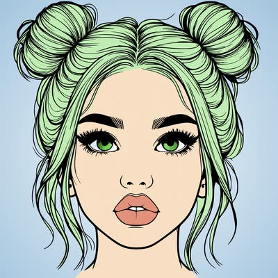 realistic girl with two buns on her hair and lips