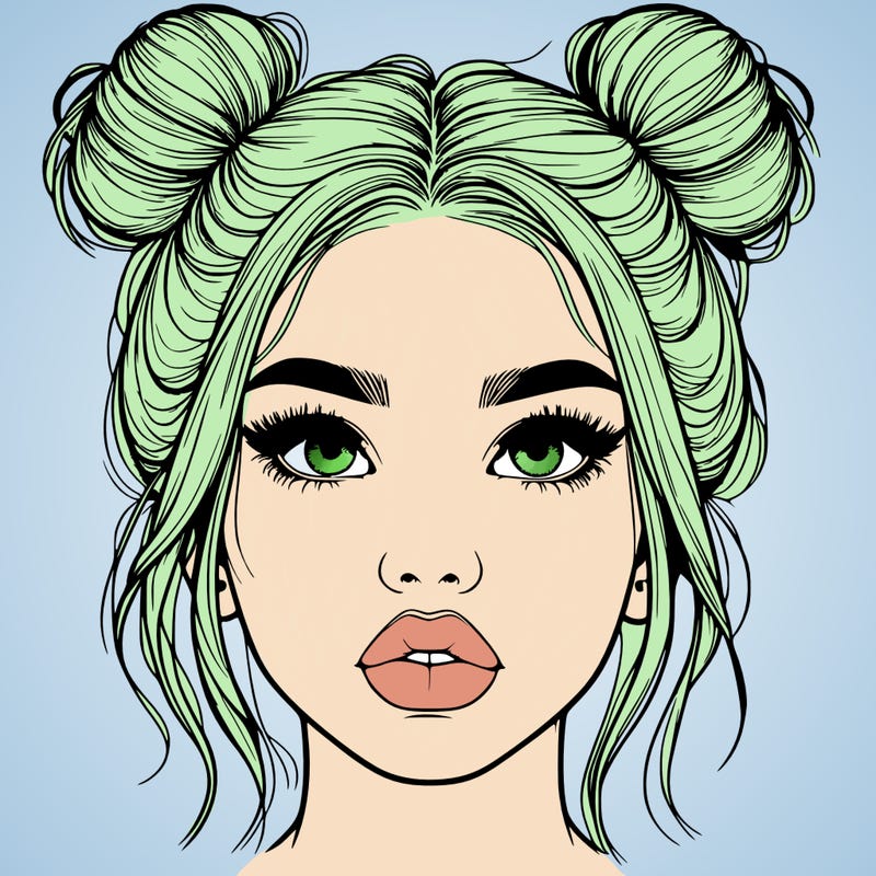 realistic girl with two buns on her hair and lips