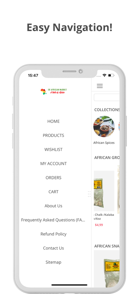 ER African Market - A screenshot of the ER African Market mobile app displaying its side navigation menu for easy browsing of groceries and beauty products.