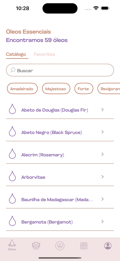 OLYA App - Interface of the OLYA app showing a catalog of essential oils with search and filter options