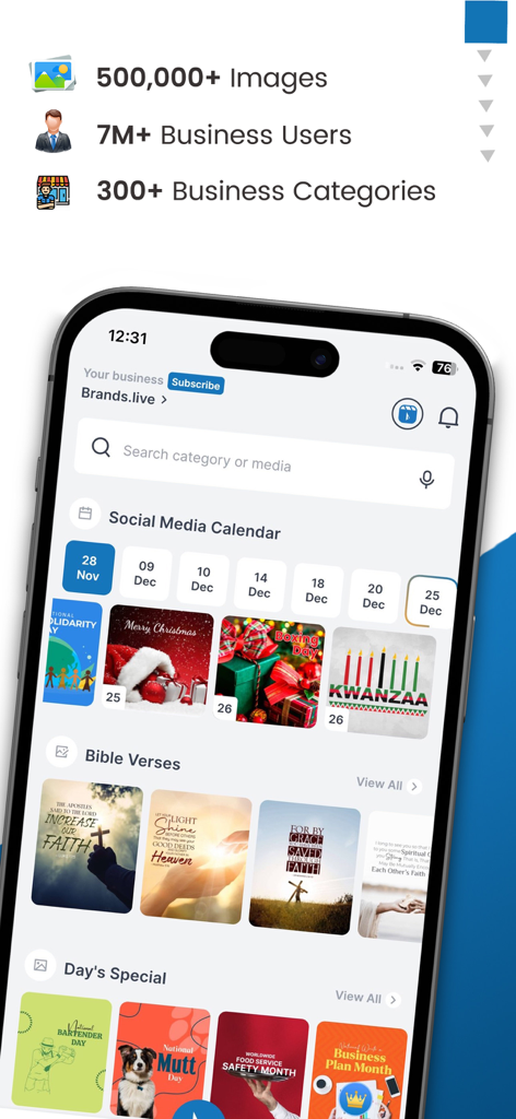 Brands.live - Festival Post - Brands live app interface showing social media holiday calendar and business post templates.