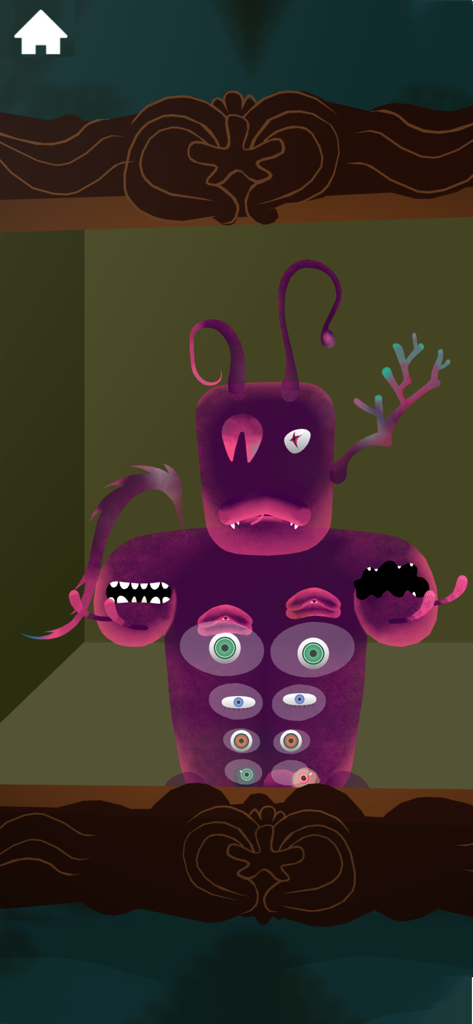 Un monstruo morado con varios ojos y extremidades de rama creado en la aplicación The Monsters