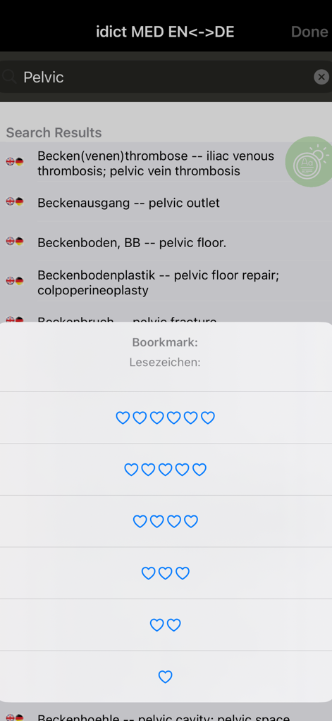 Resultados de búsqueda de la aplicación de diccionario idict med para pelvis con opciones de marcadores.