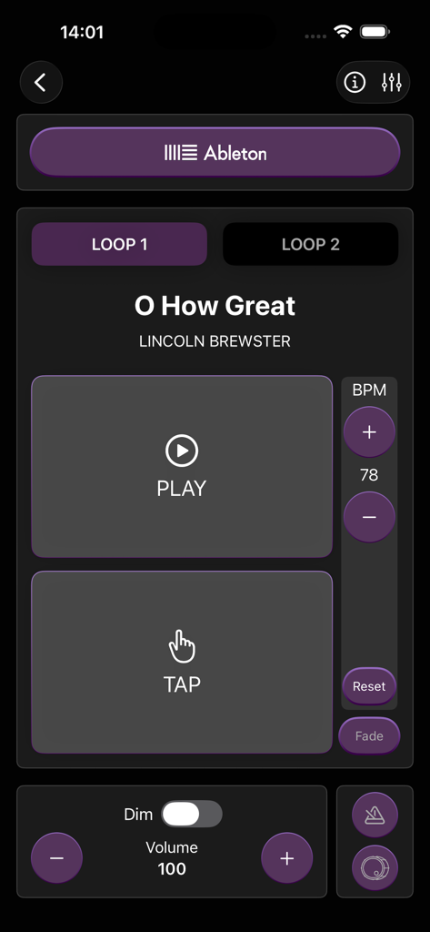 Loops By CDub app interface showing drum loop controls for the song O How Great