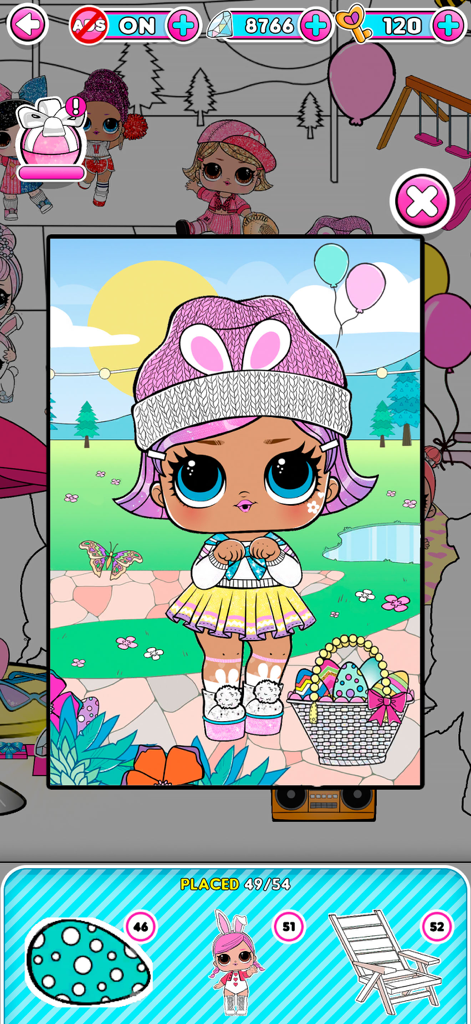 L.O.L. Surprise! Sticker Book - 数字でステッカーを貼るパズルゲームに登場する、ピンクのバニービーニーをかぶったLOL Surpriseドール。