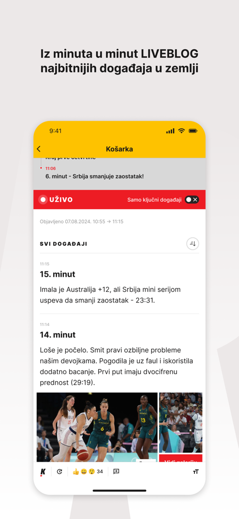 Kurir - Una captura de pantalla de la aplicación móvil Kurir que muestra un blog en vivo minuto a minuto de un partido de baloncesto en serbio