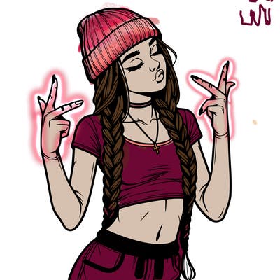realistic teenage girl with braids and a beanie and crop top doing 🫶🏼