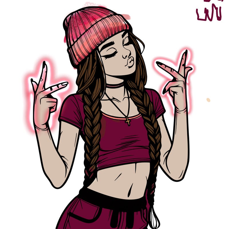 realistic teenage girl with braids and a beanie and crop top doing 🫶🏼