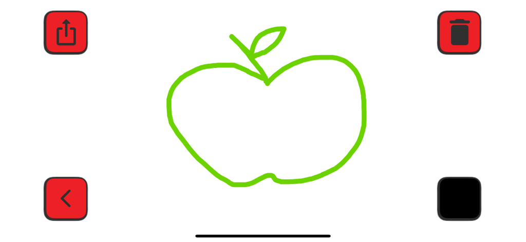 ABC for kids (RO) - Drawing interface showing a green apple outline with navigation and trash icons in the ABC for kids Romanian app.