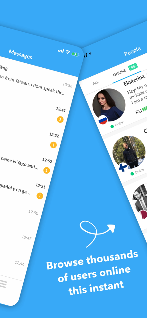 Interface de l'application InterPals montrant une liste de messages et d'utilisateurs mondiaux en ligne pour l'échange culturel et linguistique.