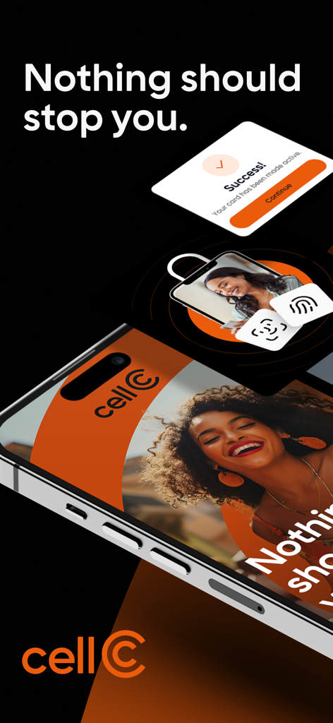 Cell C - Cell C app promotional graphic showing security login options and a card activation success message