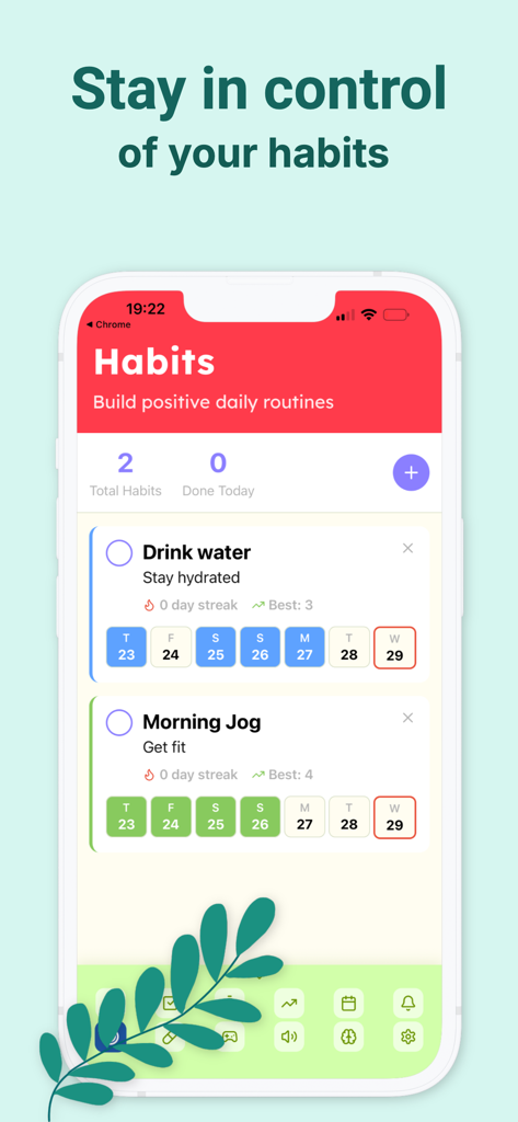 ADHD: Planner & Lifehacks - ADHDプランナーアプリのインターフェース、飲水や朝のジョギングなどの毎日のルーティンを追跡する習慣トラッカーを表示