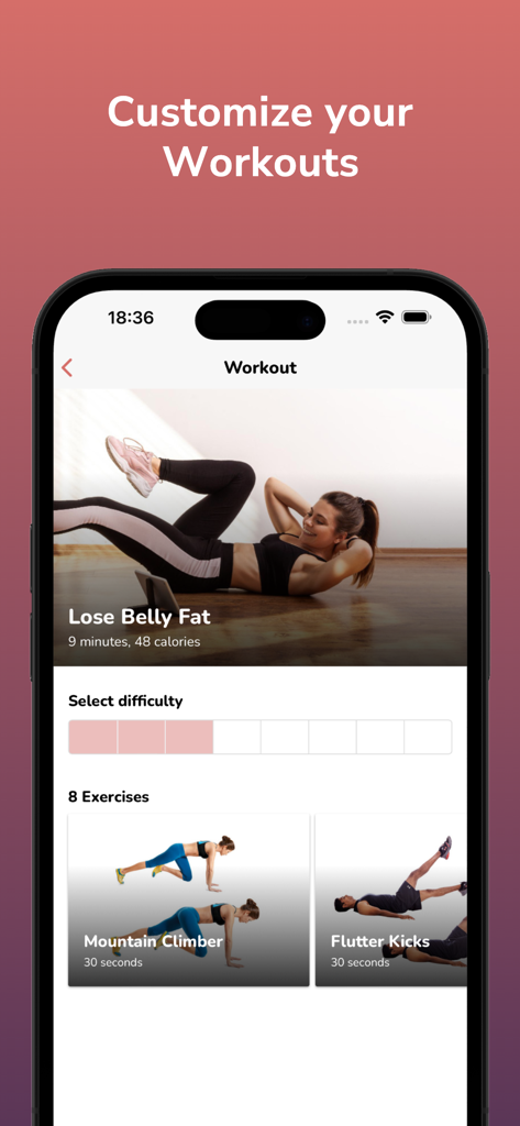 Flat Belly Workout Plan - Flat Belly Workout app interface showing options to customize a lose belly fat workout with difficulty selection and exercise previews like mountain climbers and flutter kicks.