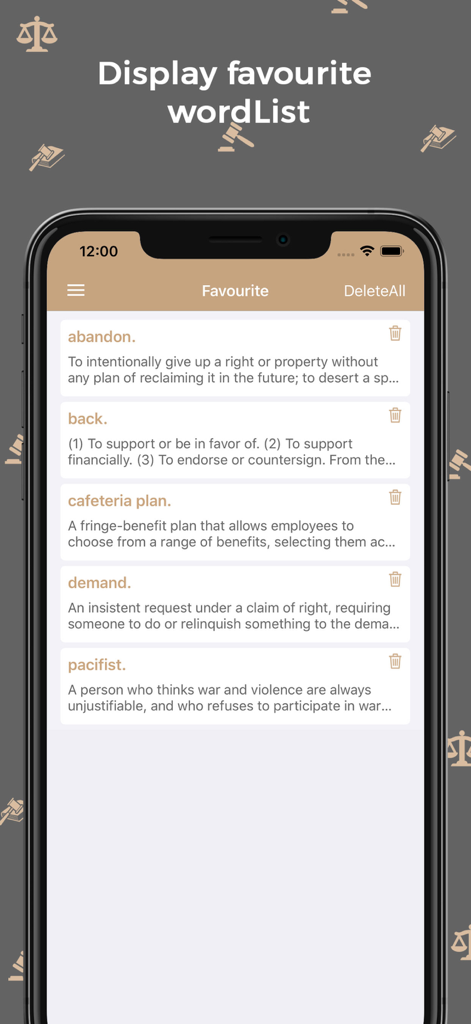 Law Dictionary : Offline - A mobile screen showing a list of saved favorite legal terms and definitions in the Law Dictionary Offline app.