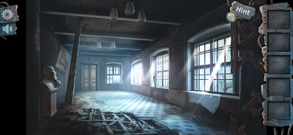 Habitación abandonada con estatua de máscara de gas e iluminación espeluznante en un juego de terror