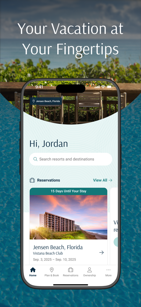 Vistana Signature Experiences mobile app interface showing a vacation reservation and resort search bar