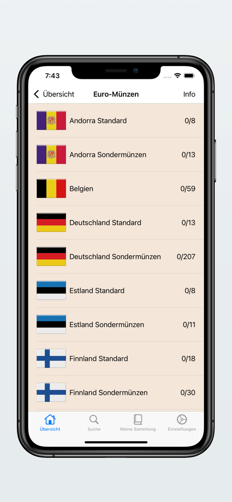 Münzen Datenbank - Oberfläche der Coin Database App mit einer Liste von Euro-Münzen, sortiert nach Land und Kategorie