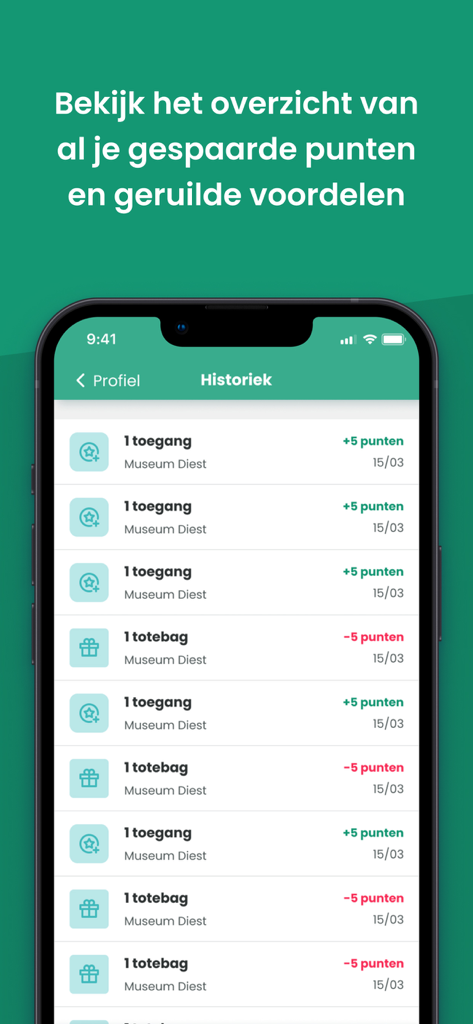 A history screen in the UiTPAS app showing earned points and redeemed rewards at a museum