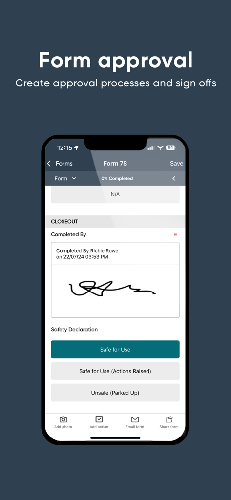 Ideagen EHS Core - Digital form approval and signature screen in the Ideagen EHS Core safety app