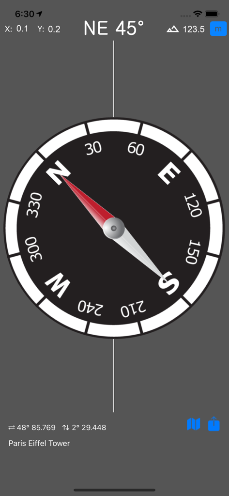 A digital compass showing heading and GPS coordinates.
