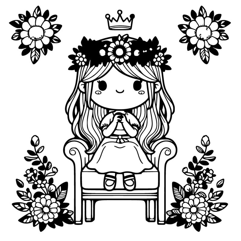 girl with flowers crown on a throne