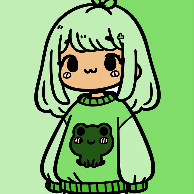 girl with a sweatshirt that has a little cute frog on it