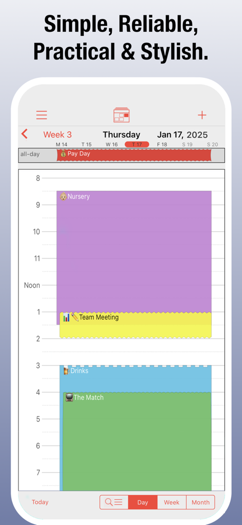 PocketLife Calendar - Una vista giornaliera dell'app PocketLife Calendar che mostra eventi codificati per colore come asilo nido, riunioni e appuntamenti personali.