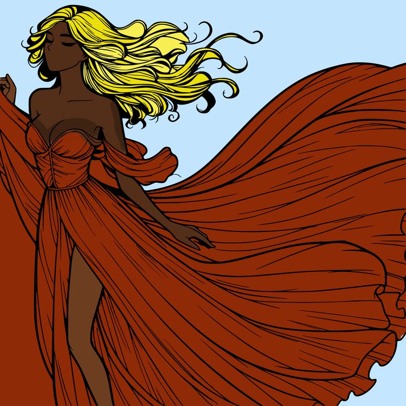 realistic woman in dress flowing the the wind