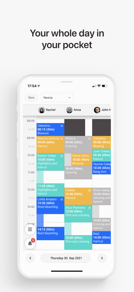 Noona HQ - A mobile interface of Noona HQ displaying a daily appointment schedule for multiple staff members with color-coded service blocks.