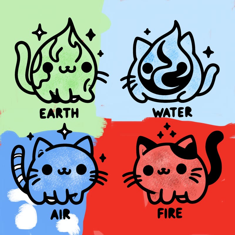 4 cats that represent the different elements, earth, water, air, and fire