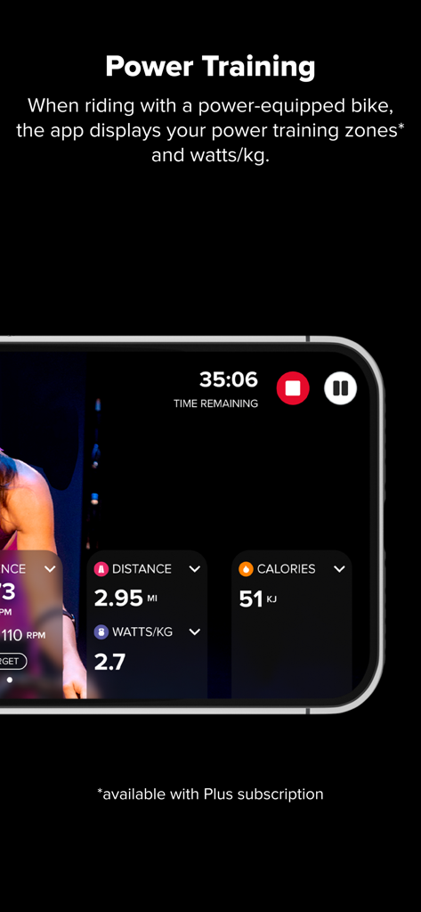 Spinning Indoor Cycling - Tela de smartphone do aplicativo Spinning mostrando zonas de treinamento de potência e métricas de watts por quilograma.