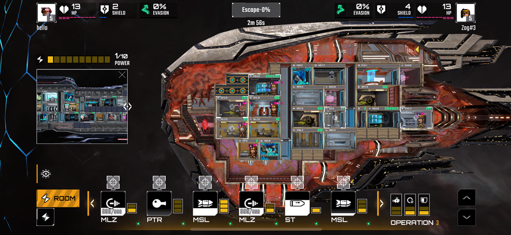 Pixel Starships 2 - Vue tactique en coupe d'un vaisseau spatial avec équipage et modules dans Pixel Starships 2