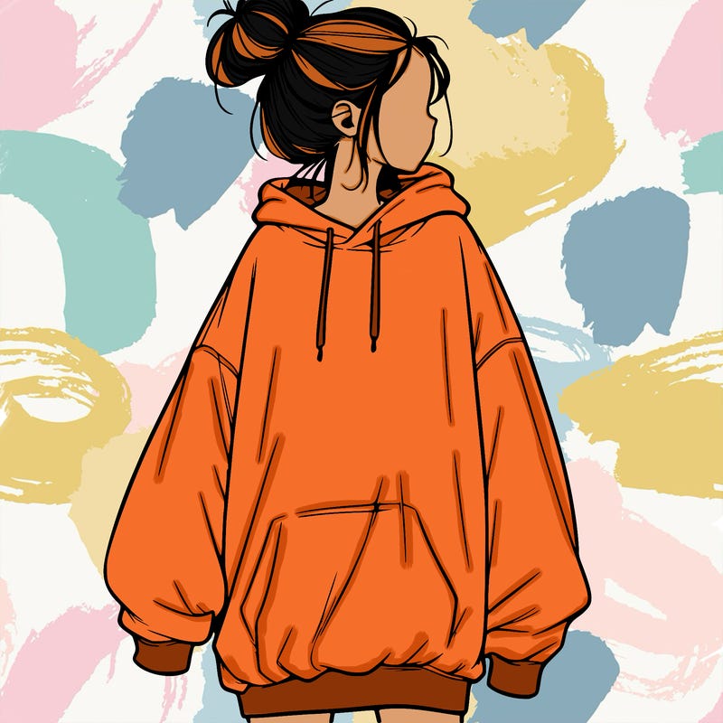 realistic girl with a oversized sweatshirt on and a bun