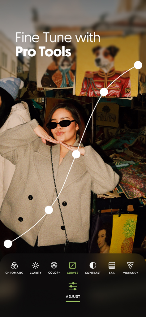 Peaufinage d'une photo à l'aide de courbes professionnelles et d'outils de réglage dans l'application A Color Story