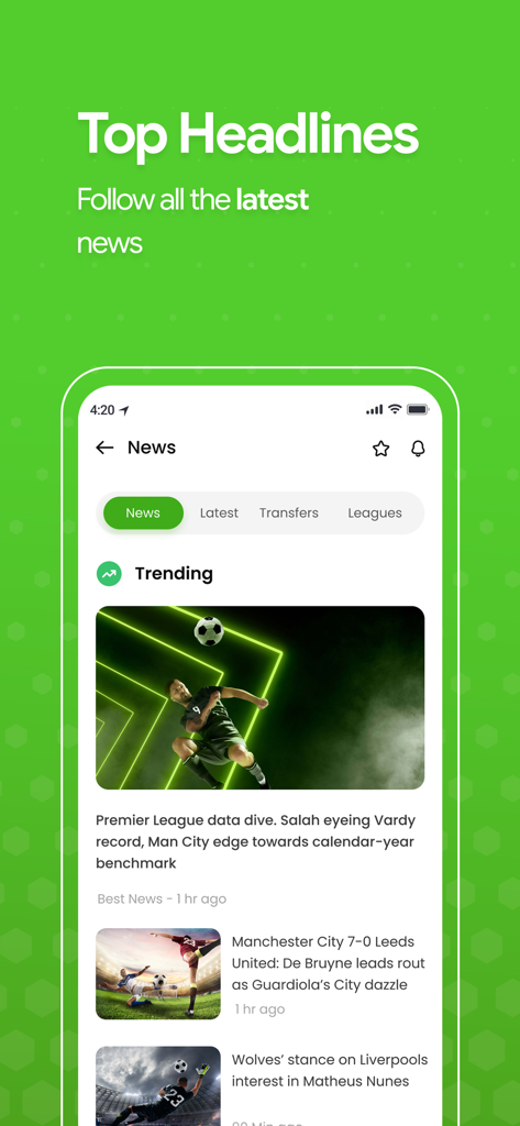 Interfaccia dell'app mobile che mostra le ultime notizie di calcio e i report delle partite di calcio di tendenza