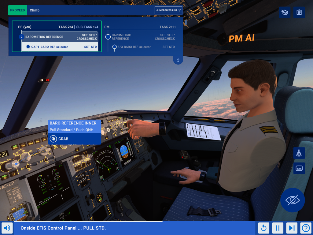 Un avatar de piloto interactuando con los controles de cabina interactivos en la aplicación Entrenador de Procedimientos Virtuales de Airbus durante una tarea de entrenamiento procedimental.