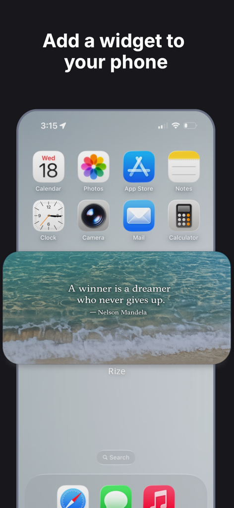 Rize Daily Motivation - A smartphone home screen featuring a Rize motivation widget with a Nelson Mandela quote on a beach background.