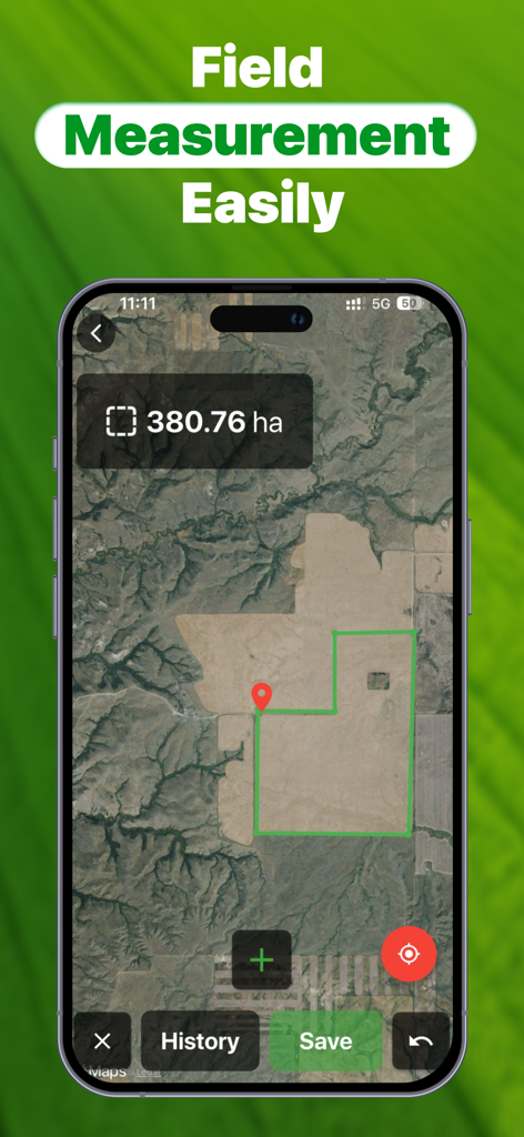 Tractor GPS - Field Navigation - Interface do aplicativo móvel mostrando medição de área de campo em um mapa de satélite