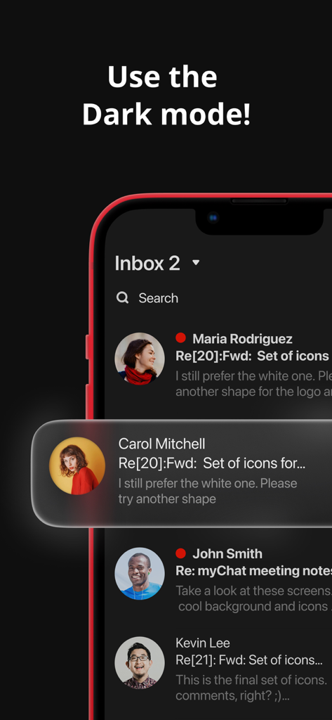 myMail app inbox displaying messages in dark mode with user avatars