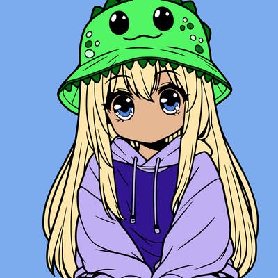 girl with anime shaped eyes with a dinosaur bucket hat oversized sweatshirt long straight hair