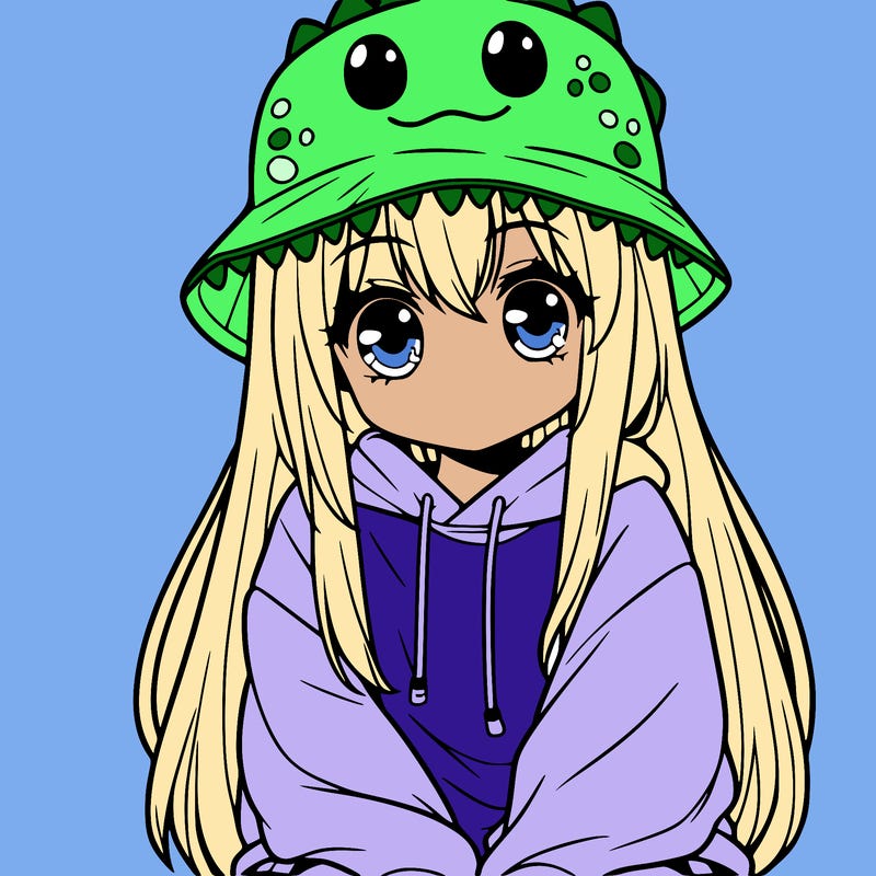 girl with anime shaped eyes with a dinosaur bucket hat oversized sweatshirt long straight hair