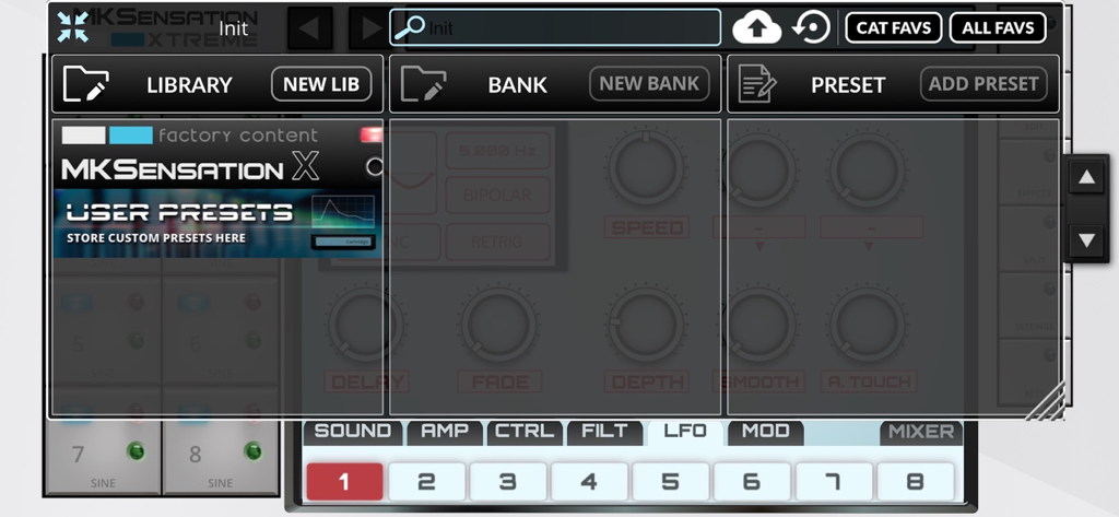 MKSensation Xtreme - Preset and library management interface in the MKSensation Xtreme app