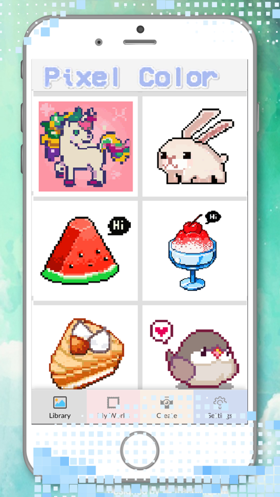 Color Pixel: Drawing By Number - A gallery of cute pixel art designs including a unicorn a rabbit and a watermelon in the Color Pixel app library