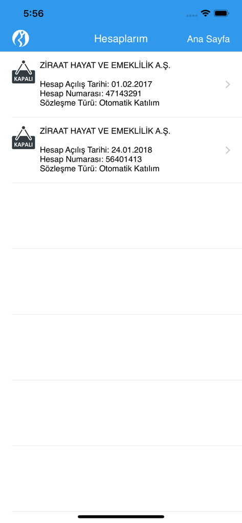 TAKASBANK BES - Mobile application screen showing a list of Turkish private pension accounts with details like account number and opening date.